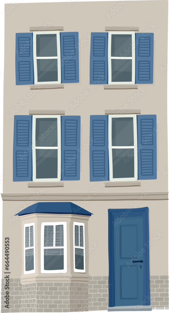 Building. Vector. The facade of the house with blue inserts