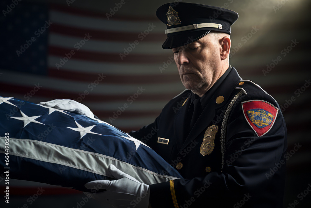 Obraz premium An honor guard performing a ceremonial flag-folding, symbolizing reverence and remembrance. Generative Ai