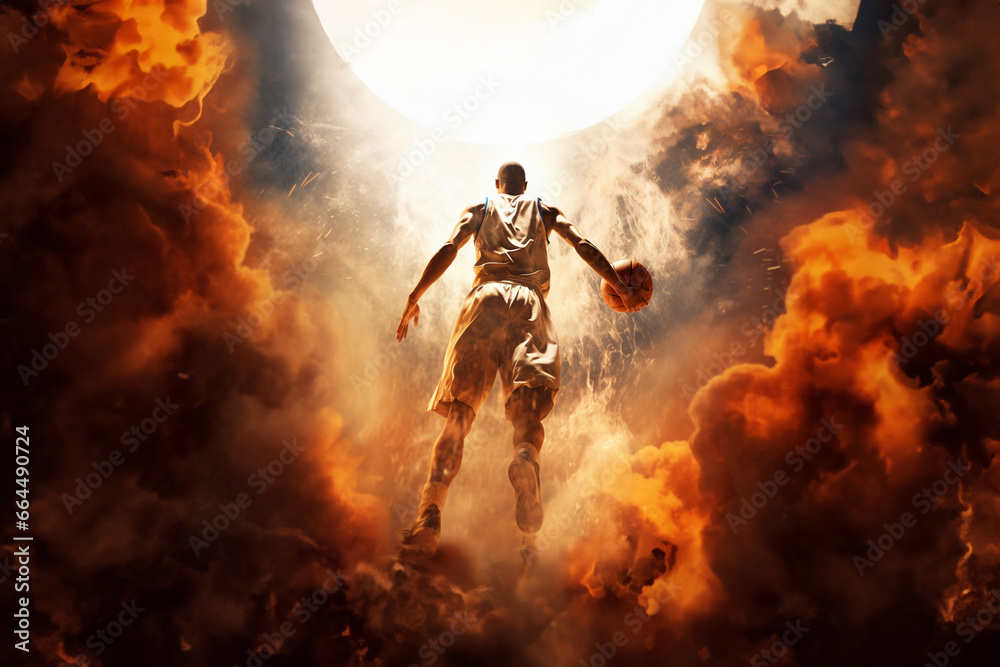 illustrated of Basketball player demonstrates incredible power and skill, the court ablaze with stunning smoke and lighting effects, showcasing the player's prowess. Generative AI. - obrazy, fototapety, plakaty 