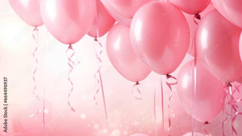 Pink helium balloons of different sizes and shades on a pink backdrop. It's a girl gift. Birthday celebrate, surprise. Realistic design happy bday.
