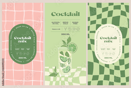 Vector hand drawn cocktail packaging label design template set for cafe or restaurant. Vector beverage package badges set