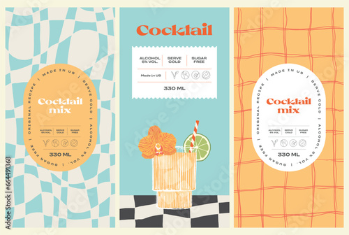 Vector hand drawn cocktail packaging label design template set for cafe or restaurant. Vector beverage package badges set