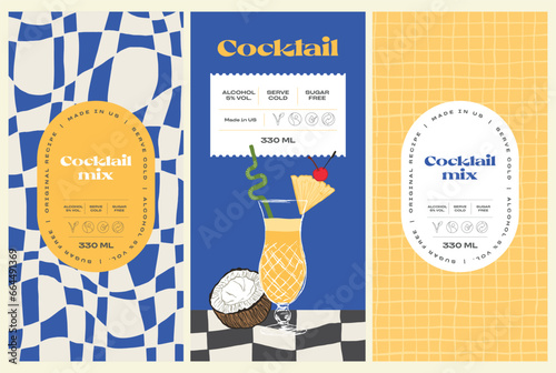Vector hand drawn cocktail packaging label design template set for cafe or restaurant. Vector beverage package badges set