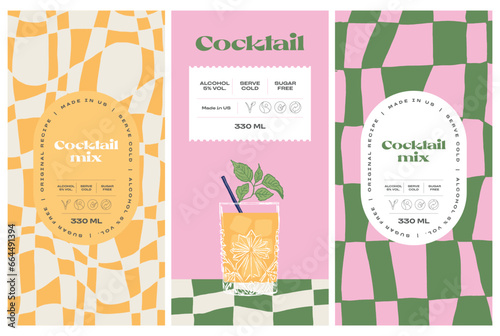Vector hand drawn cocktail packaging label design template set for cafe or restaurant. Vector beverage package badges set