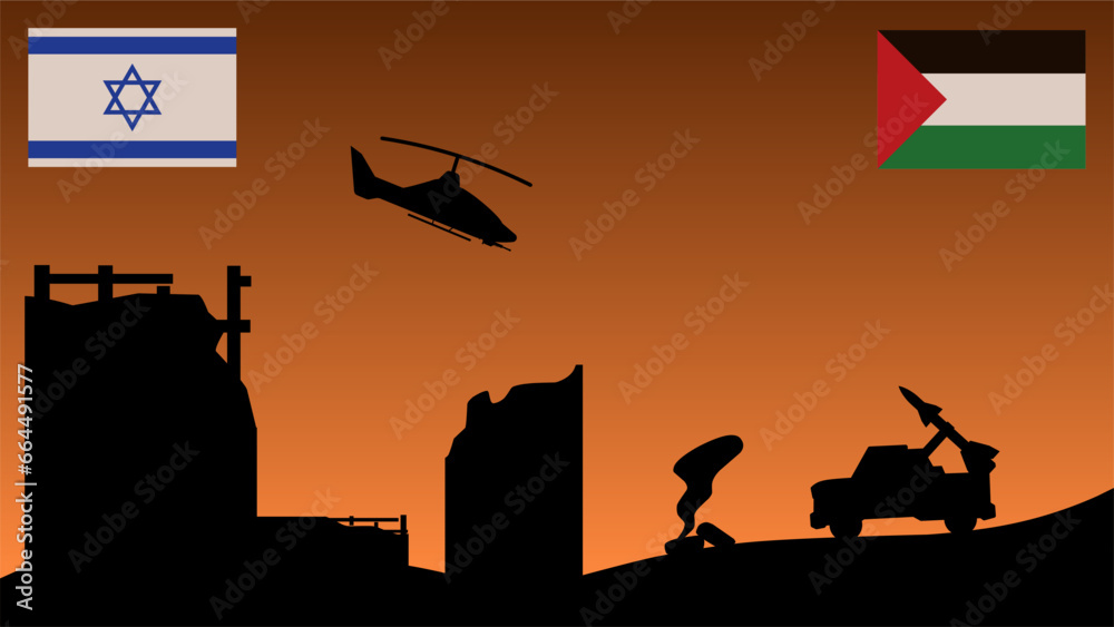 Palestinian Israeli conflict vector illustration. Destroyed city in war conflict of Palestine and Israel. Landscape illustration of war for social issues, news or conflict