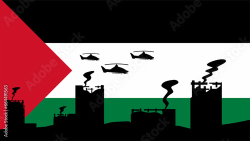 Palestinian conflict vector illustration. Background of Palestine flag with destroyed city and helicopters. Landscape illustration of war for social issues, news or conflict