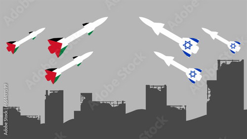 Palestinian Israeli conflict vector illustration. Palestine and Israel rocket in destroyed city illustration. Landscape illustration of war for social issues, news, invasion and terrorism
