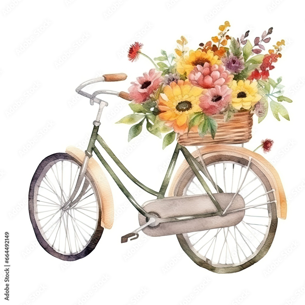 retro bicycle with flower basket on white background, Watercolor art illustration