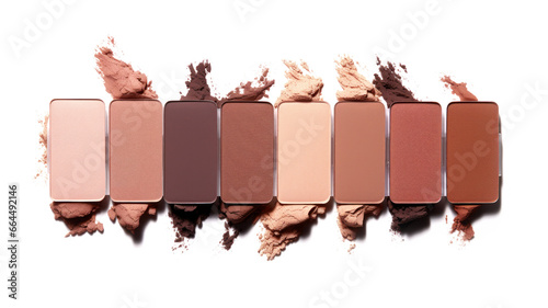Top view of a close-up flat lay shot of a palette with beige, pink and brown eyeshadows, colored powders, in the cosmetics industry. Perfect for advertising campaigns. photo