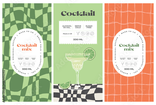 Vector hand drawn cocktail packaging label design template set for cafe or restaurant. Vector beverage package badges set