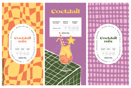 Vector hand drawn cocktail packaging label design template set for cafe or restaurant. Vector beverage package badges set