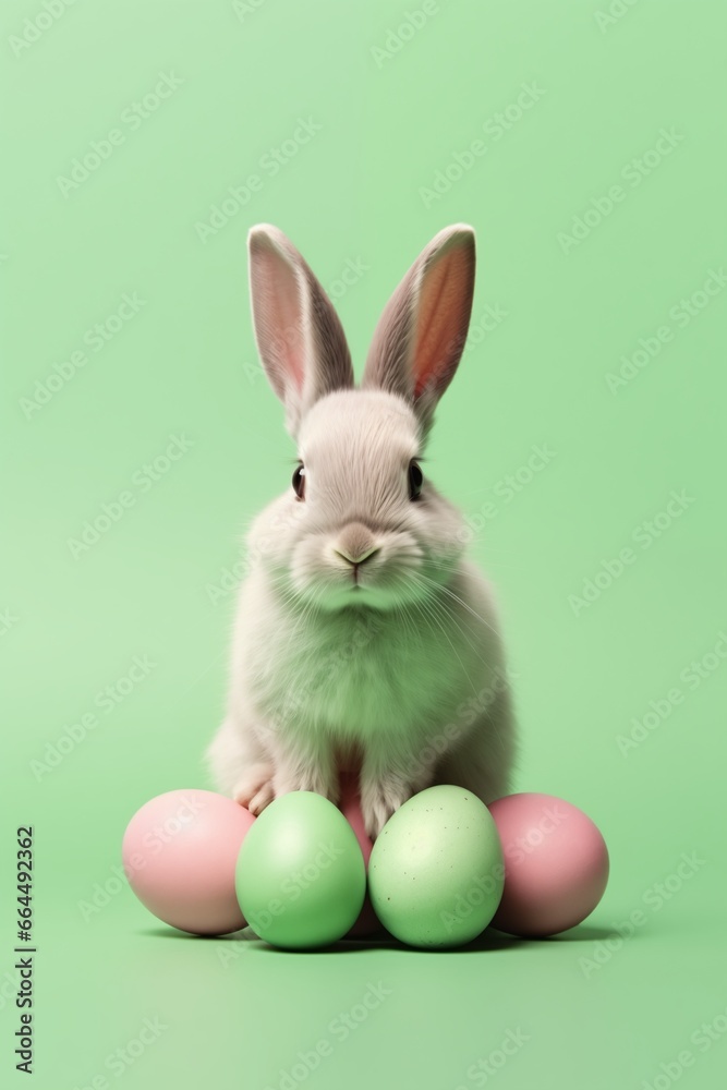 Close up of easter bunny and easter eggs in green pastel color. Minimal composition.