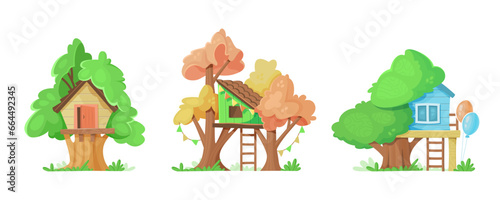 Set of different houses on trees for kids. Cartoon vector illustration.