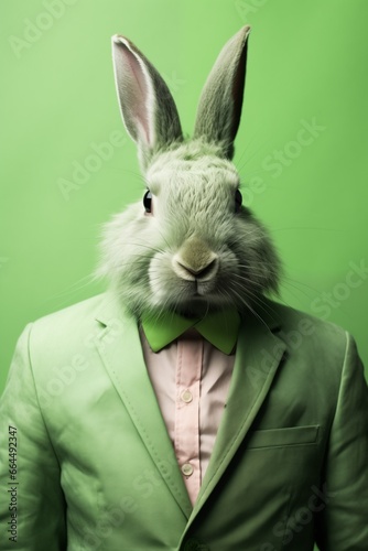 Portrait of easter bunny in suit. Green pastel color. Funny concept. © Saki'sworld
