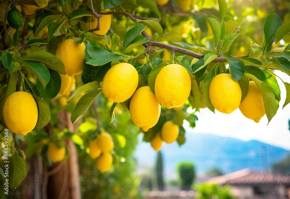 Lemons growing in a sunny garden on Amalfi coast in Italy.