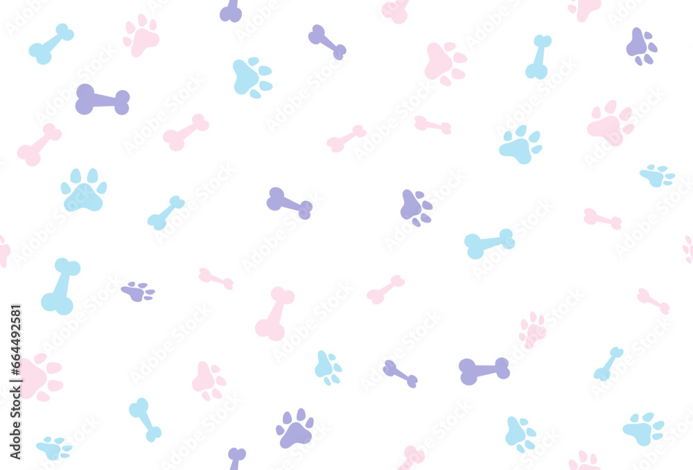 Pastel Colorful Bone And Cat Or Dog Paw Pattern Background. Wallpaper. Vector Illustration