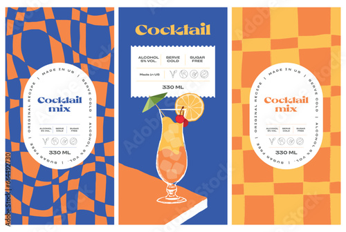 Vector hand drawn cocktail packaging label design template set for cafe or restaurant. Vector beverage package badges set