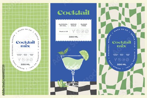 Vector hand drawn cocktail packaging label design template set for cafe or restaurant. Vector beverage package badges set