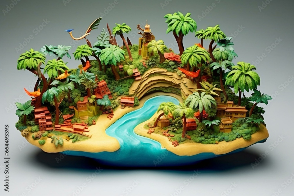 Artistic plasticine sculpture of a vibrant tropical island. Generative AI
