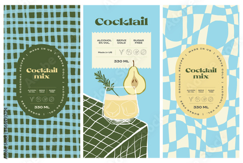 Vector hand drawn cocktail packaging label design template set for cafe or restaurant. Vector beverage package badges set