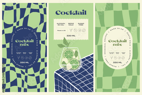 Vector hand drawn cocktail packaging label design template set for cafe or restaurant. Vector beverage package badges set