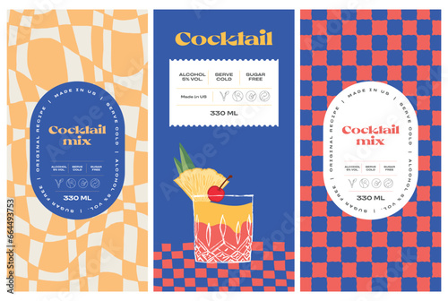 Vector hand drawn cocktail packaging label design template set for cafe or restaurant. Vector beverage package badges set