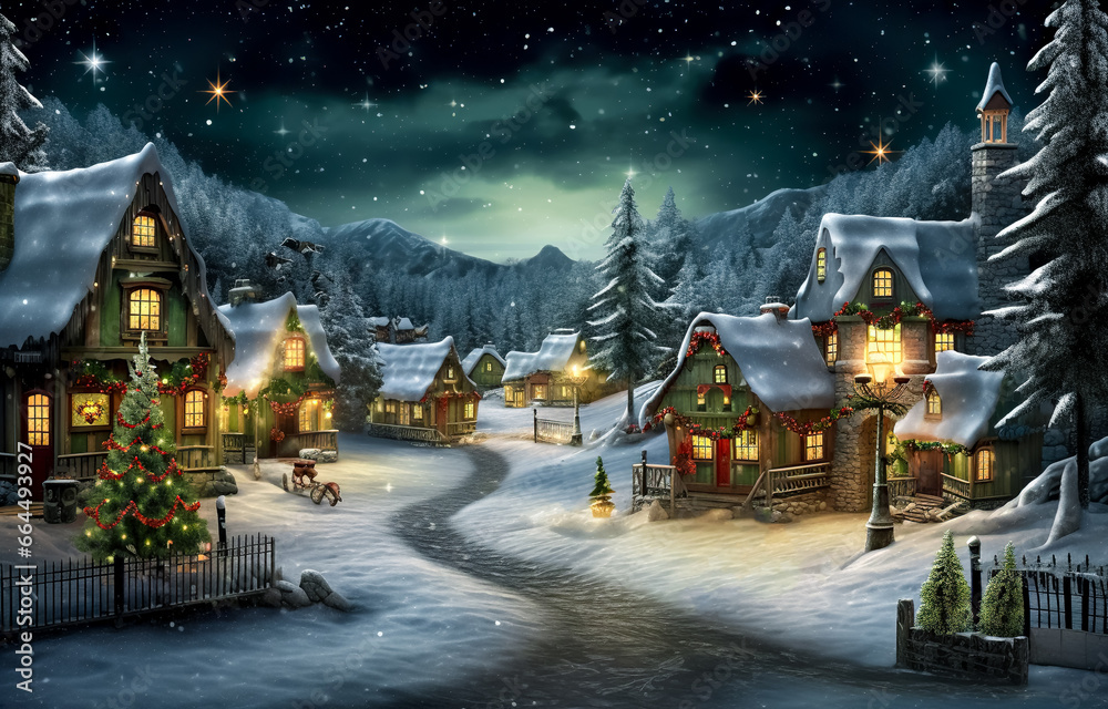 Christmas village with snow in a vintage style at xmas night. Winter ...