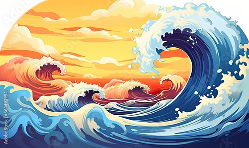Ocean wave sun clouds, blue yellow abstract ocean wave.