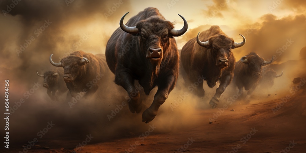 A Herd of buffalos stampedes across a barren landscape, a cloud of dust trailing behind them - obrazy, fototapety, plakaty 