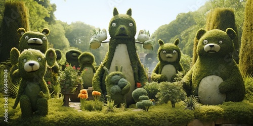 A garden filled with whimsical green topiaries shaped like animals and objects photo