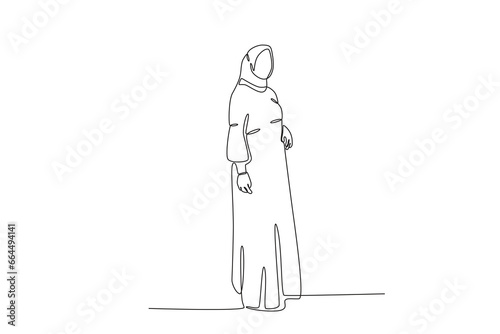 Side view of a woman wearing Muslim clothing. Abaya one-line drawing