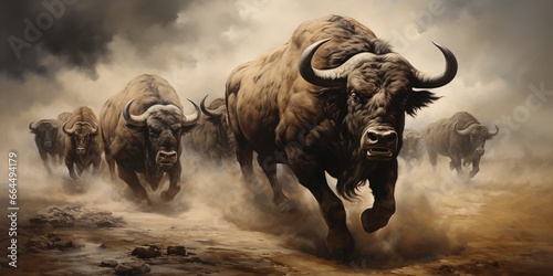 A Herd of buffalos stampedes across a barren landscape, a cloud of dust trailing behind them photo