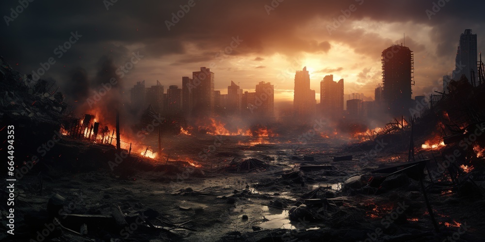 A post - apocalyptic ruined city. Destroyed buildings, destroyed roads, blown up skyscrapers. The concept of the apocalypse.