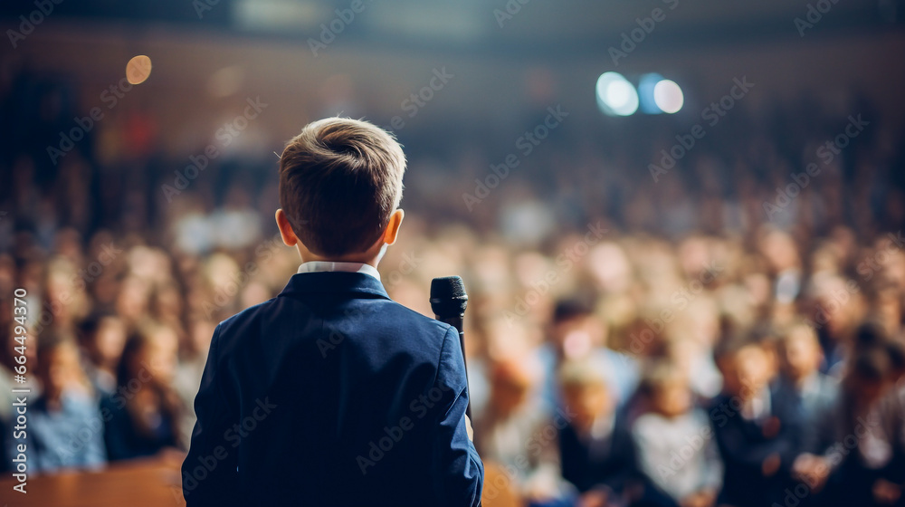 A small child speaks into the microphone on a stage in front of an audience - obrazy, fototapety, plakaty 