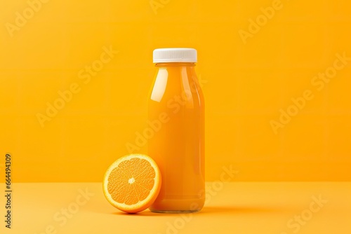 Orange Juice bottle on orange background.