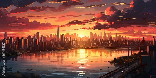 A painting of a city skyline at sunset comic book style. digital art illustration