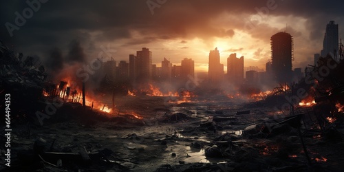 A post - apocalyptic ruined city. Destroyed buildings  destroyed roads  blown up skyscrapers. The concept of the apocalypse.