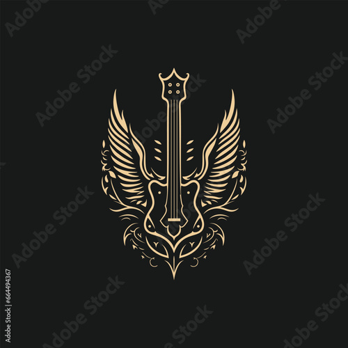 Winged Guitar, guitar with wings black and white vector illustration isolated on white background, tattoo design, simple music logo