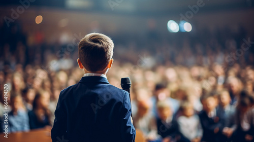 A small child speaks into the microphone on a stage in front of an audience