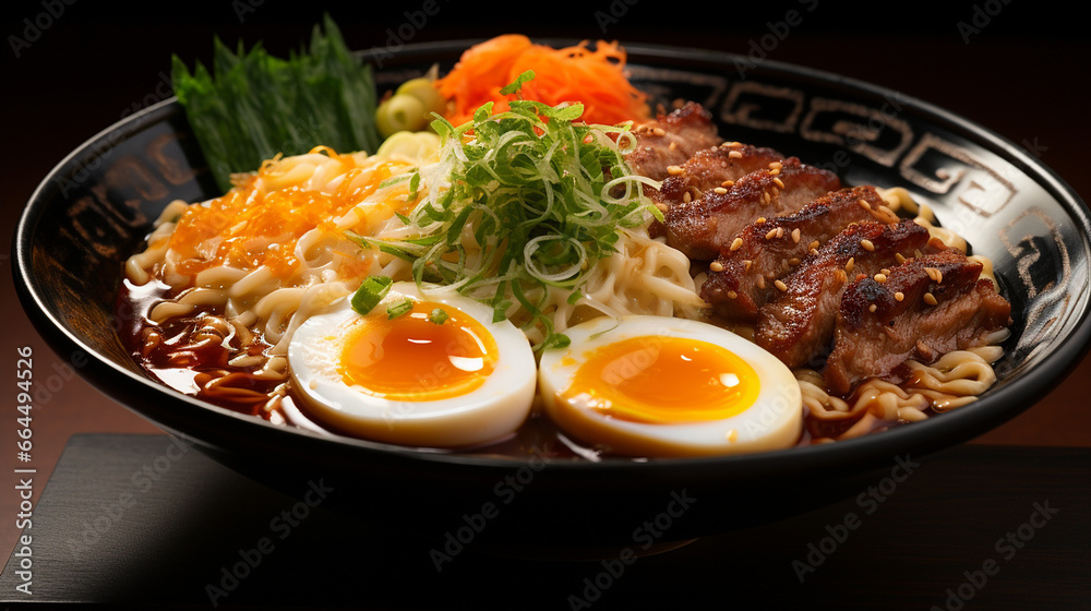 A bowl of noodles with an egg and vegetables on wooden table, Mid-angle Shot, created with Generative AI A bowl of noodles with an egg and vegetables on wooden table, Mid-angle Shot, created with Generative AI