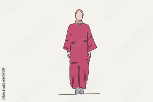 Color illustration of a girl wearing a beautiful abaya. Abaya one-line drawing