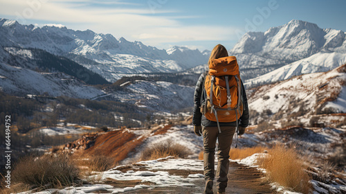 a man in snow boots hiking down a snowy mountain, winter landscape