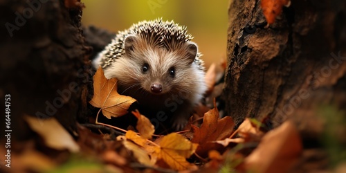 Baby hedgehog climbing and playing in the leaves