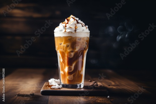 A Refreshing Summer Afternoon with a Tall Glass of Iced Vanilla Latte, Topped with Whipped Cream and a Drizzle of Caramel, on a Rustic Wooden Table
