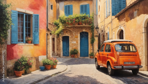 The streets of Italy or Spain are decorated with beautiful colorful flowers, in watercolours