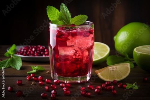 A refreshing glass of homemade pomegranate blend served on a rustic wooden table, garnished with fresh mint leaves and a slice of lime