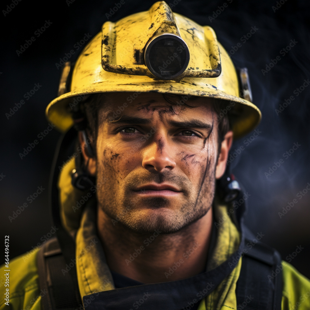 Fotografia de primer plano de atractivo bombero con uniforme Fotografia de primer plano de atractivo bombero con uniforme