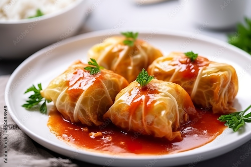 Stuffed cabbage with rice on a white table. Stuffed cabbage with rice on a white table.