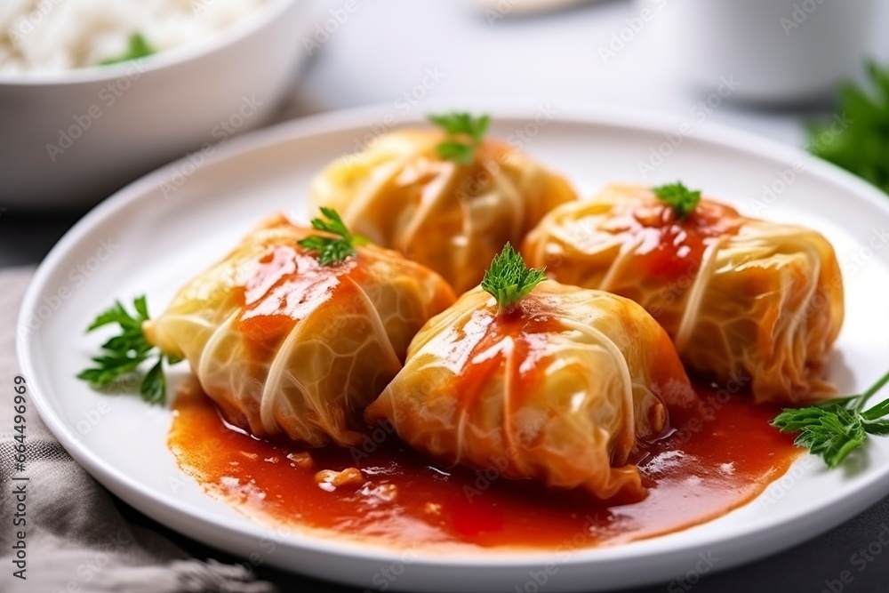 Stuffed cabbage with rice on a white table.