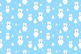 Seamless Cute Polar Bear With Christmas Tree And Falling Snow Pattern Background. Vector Illustration. Winter Backdrop. Christmas Wallpaper